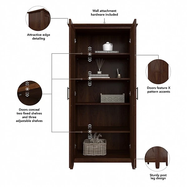 Bush Furniture Key West 65.98" Tall Storage Cabinet With Doors And 5 Shelves, Bing Cherry (KWS266BC-03) 2 Bush Furniture Key West 65.98" Tall Storage Cabinet With Doors And 5 Shelves, Bing Cherry (KWS266BC-03) - Image 2