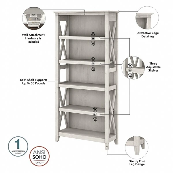 Bush Furniture Key West 5-Shelf 66"H Bookcase Set, Linen White Oak (KWS046LW) 2 Bush Furniture Key West 5-Shelf 66"H Bookcase Set, Linen White Oak (KWS046LW) - Image 2
