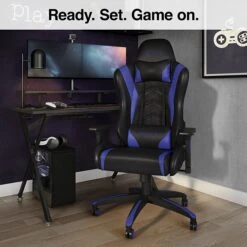 Quill Brand® Emerge Vartan Bonded Leather Gaming Chair, Blue/Black (53242) -Popular Furniture s1214420 s7