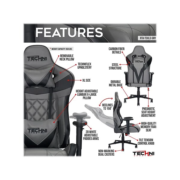 Techni Sport GamerXL Series Synthetic Computer Chair, Gray (RTA-TSXL3-GRY) 7 Techni Sport GamerXL Series Synthetic Computer Chair, Gray (RTA-TSXL3-GRY) - Image 7