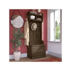 Kathy Ireland® Home By Bush Furniture Woodland 69" Hall Tree And Small Shoe Bench With Drawer And 2 Shelves, Ash Brown