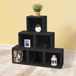 Way Basics 12.8"H X 13.4"W Eco Modular Stackable Storage Cube Modern Cubby Organizer, Black Wood Grain (BS285340320BK) -Popular Furniture sp125992376 s7