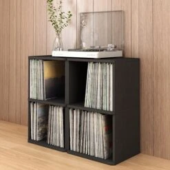 Way Basics 29.1"H 2 Shelf Vinyl Record Storage Cube And LP Record Album Modern Eco Shelf, Black Wood Grain (WB-2LP-BK)