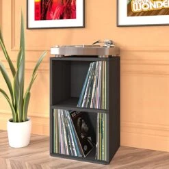 Way Basics 29.1"H 2 Shelf Vinyl Record Storage Cube And LP Record Album Modern Eco Shelf, Black Wood Grain (WB-2LP-BK) -Popular Furniture sp125995083 s7
