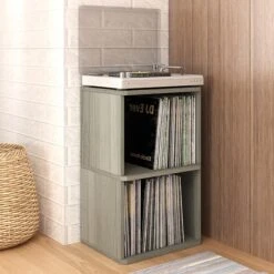 Way Basics 29.1"H 2 Shelf Vinyl Record Storage Cube And LP Record Album Modern Eco Shelf, Gray Wood Grain (WB-2LP-GY) -Popular Furniture sp125995135 s7
