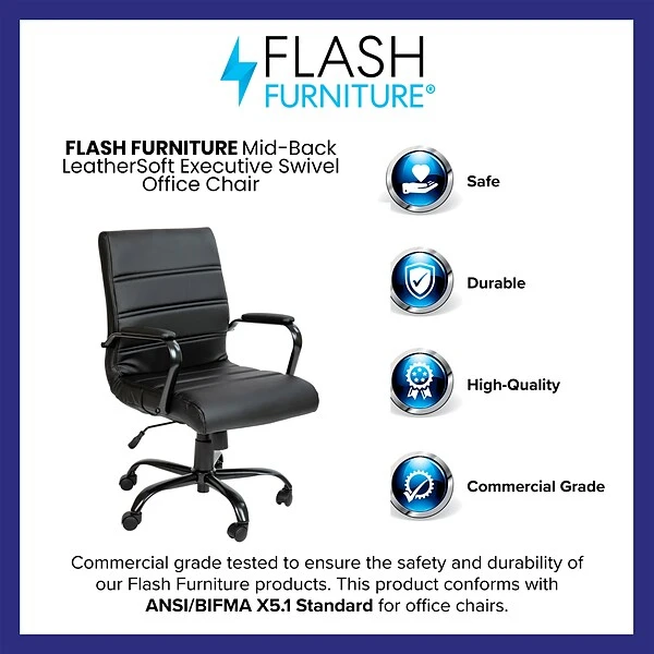 Flash Furniture Whitney Ergonomic LeatherSoft Swivel Mid-Back Executive Office Chair, Black/Black (GO2286MBKBK) 3 Flash Furniture Whitney Ergonomic LeatherSoft Swivel Mid-Back Executive Office Chair, Black/Black (GO2286MBKBK) - Image 3