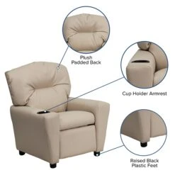 Flash Furniture Contemporary Vinyl Kids Recliner W/Cup Holder; Beige -Popular Furniture sp154570544 s7