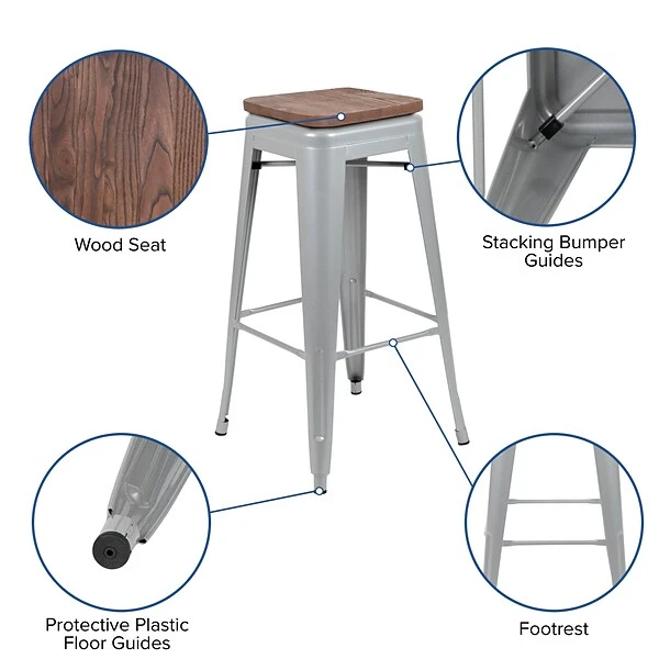 Flash Furniture Metal 30" High Indoor Bar Stool, Silver, 4-Pieces (4ET31320W30SVR) 4 Flash Furniture Metal 30" High Indoor Bar Stool, Silver, 4-Pieces (4ET31320W30SVR) - Image 4
