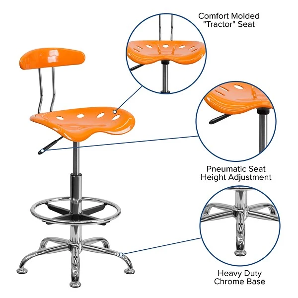 Flash Furniture Low Back Polymer Drafting Stool With Tractor Seat, Vibrant Orange 3 Flash Furniture Low Back Polymer Drafting Stool With Tractor Seat, Vibrant Orange - Image 3