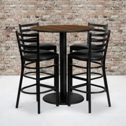 Flash Furniture 36'' Round Table Set W/4 Ladder Back Metal Bar Stools, Walnut /Black (MD0011)